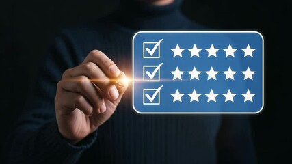Poster - Person marking checklist with glowing pen and star ratings on dark background in studio shot