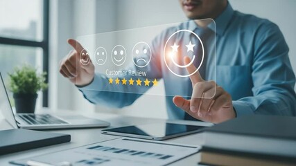 Poster - Man selecting a five star customer review on a transparent screen at his desk with laptop nearby