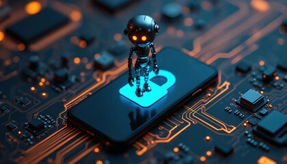 Poster - Illustration robot standing secured smartphone. Data privacy concept AI security lock protection, cyberspace, digital circuit, information safety, modern online access.