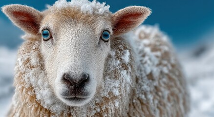 Poster - Close-Up of Sheep Face Covered in Snow With Blue Eyes, Symbolizing Winter Resilience and Animal Welfare Awareness : Generative AI