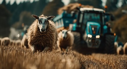Poster - Sheep Running Through Field With Tractor in Background, Showcasing Agricultural Efficiency and Sustainable Farming Practices on a Sunny Day : Generative AI