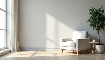 Poster - Minimalist interior living room with white armchair near big window with curtains. Bright sunlight and shadows on floor. Modern home design with plant, side table. Cozy apartment atmosphere.