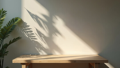 Aufkleber - Empty wooden table illuminated by sunlight, leaf shadows on wall. Interior design with natural light, warm tones. Minimalist decor with empty space for product display. Perfect background for items.
