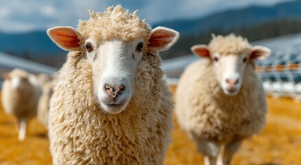Poster - Flock of Sheep Grazing in a Field on a Sunny Day, Symbolizing Agricultural Sustainability and Rural Tourism : Generative AI