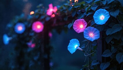 Fototapete - Neon morning glories winding around dark arbor. Luminescent flowers create dreamlike atmosphere. Bright blooms of pink, blue, purple colors. Night garden beauty with glowing floral design.