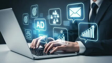 Poster - Man in suit typing on laptop with digital marketing icons hovering above the keyboard area