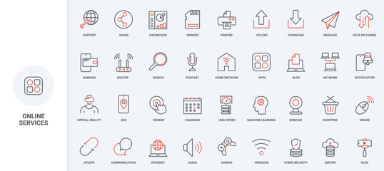 Aufkleber - online cloud services, communication and network connection line icon set. mobile apps to share, exc