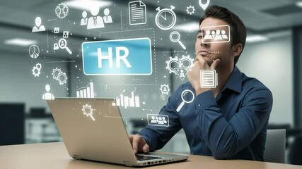 Poster - Man with laptop looking at hr icons and graphs in an office with a thoughtful expression on his face