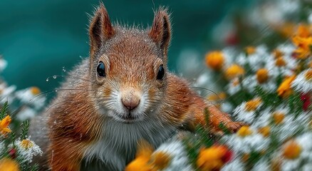 Poster - Close-Up of Red Squirrel Among White and Orange Flowers, Evoking Wildlife Beauty and Nature Conservation Awareness : Generative AI