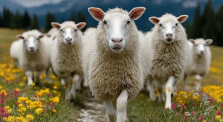Poster - Flock of Sheep Walking Through a Meadow of Wildflowers, Symbolizing Rural Tourism and Sustainable Agriculture and Farming Practices : Generative AI
