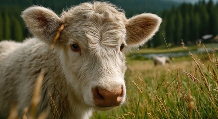 Poster - Close-Up of a White Calf in a Grassy Field, Representing Farm Freshness and Sustainable Agriculture, Promoting Animal Welfare and Ethical Farming Practices : Generative AI