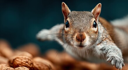 Poster - Squirrel Close-Up With Nuts Against Dark Background, Ideal For Wildlife Conservation and Environmental Awareness Campaigns : Generative AI
