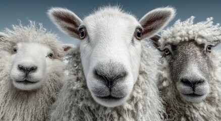 Poster - Three Sheep Close-Up Together, Showing Diversity and Inclusion in a Farm Setting, Representing Animal Husbandry and Agricultural Success : Generative AI