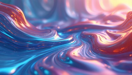 Poster - Abstract 3D chrome liquid design with flowing wavy pattern. Vibrant colors pink, blue, orange, shiny. Modern wallpaper background, creative liquid texture, stylish backdrop for design, art.