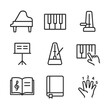 © Тимур Кунець - Piano Lesson Icons. Outline icon set of piano lessons: grand piano, keyboard keys, sustain pedal, sheet music stand, metronome,
