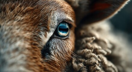Poster - Close-Up of a Sheep's Eye With Blue Reflection, Symbolizing Animal Welfare and Sustainable Farming Practices, Showing Natural Beauty : Generative AI