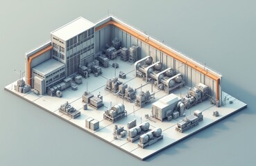 Poster - Isometric view of industrial manufacturing process, detailed technology, engineering design for print. Automation, machinery, production line, system, factory equipment illustration. Modern