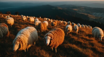 Poster - Flock of Sheep Grazing on a Hillside at Sunset, Evoking Tranquility and Rural Tourism, Perfect for Sustainable Agriculture Campaigns : Generative AI