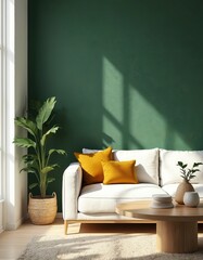 Poster - Modern living room interior design with green wall, white sofa, yellow pillows. Round wooden table with books, vase, plant. Sunlight, shadow create calm serene atmosphere. Neutral beige color. Home