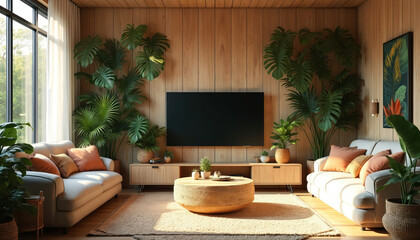 Poster - Spacious living room with wooden paneling, large screen TV, white sofa, tropical plants. Cozy interior design, sunny daylight from panoramic windows. Modern apartment, home decor, comfort,