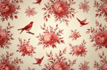 Poster - Seamless toile pattern features red birds, pink flowers on beige background. Floral design for textiles, wallpaper, decor. Vintage illustration, ornate, classic style.