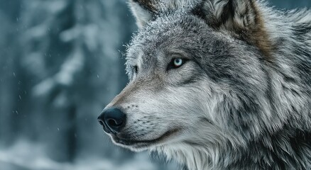 Poster - Close-Up of Majestic Wolf in Winter Snow, Showcasing Wildlife Conservation and Natural Beauty With Animal Welfare : Generative AI