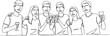 © Anomal - Continuous one line drawing of Group of happy boys and girls clinking glasses and drinking alcohol at celebratory party. Joyful friends celebrating together vector illustration