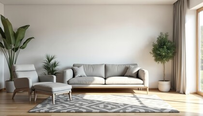 Poster - Modern living room with minimalist design. Gray sofa armchair wooden floor white walls, plants, patterned rug, window with curtains. Interior design home decor for apartment, house. Luxury, comfort,