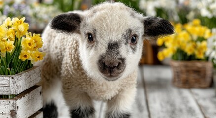 Poster - Adorable Lamb Portrait With Spring Flowers, Symbolizing New Beginnings and Easter Celebration, Ideal for Greeting Cards and Seasonal Promotions : Generative AI