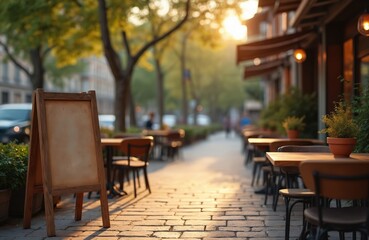 Poster - Empty signboard stands cafe sidewalk street. Blank wooden menu board, vintage style. Tables chairs around. Advertisement, promo concept. Urban restaurant exterior. Business display.