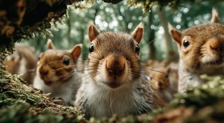 Poster - Close-Up of Squirrels Peeking Through Mossy Forest Floor, Symbolizing Wildlife Conservation and Natural Curiosity for Educational Materials : Generative AI