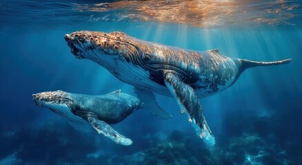 Poster - Two Humpback Whales Swimming Together in Clear Blue Ocean, Symbolizing Marine Conservation and Environmental Awareness, With Sun Rays : Generative AI