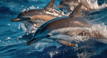 Poster - Dolphins Jumping Out of the Water in Sunlight, Symbolizing Marine Conservation and Ecosystem Awareness, With Splashes and Blue Tones : Generative AI