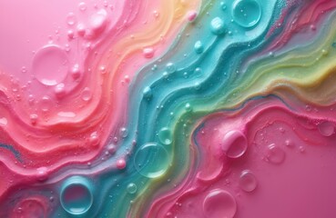 Fototapete - Abstract liquid illustration with vibrant pink, rainbow hues. Fluid background with bubbles, glossy textures. Modern design with soft colors, perfect for decorative art, banner background, wallpaper.