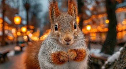 Aufkleber - Close-Up of Adorable Squirrel in Winter Park With Bokeh Lights, Symbolizing Wildlife Conservation and Holiday Season Joy : Generative AI