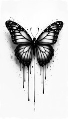 Poster - Black, white butterfly tattoo design with ink dripping effect, white background. Grunge texture, paint splatter. Modern art, suitable for t-shirts, posters, wall art. Used in tattoo studio, print