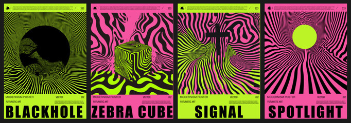 Fototapete - Vibrant vector posters in Neo-Psychedelic and Y2K-inspired style, featuring optical illusions, wavy lines, and bold neon pinks and greens—a popular 2025 trend in modern digital art.