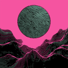 Fototapete - Vibrant vector illustration in a trending Neo-Psychedelic style: wavy lines form surreal mountains and a large sun, using bold pink and black for a modern, eye-catching abstract look.