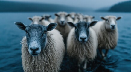 Poster - Flock Of Sheep Standing In Water On A Misty Day, Representing Rural Serenity And Agricultural Investment : Generative AI