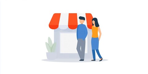 Poster - Two characters, a man and a woman, stand outside a shop with a striped awning, showcasing a friendly interaction in a vibrant urban setting with greenery