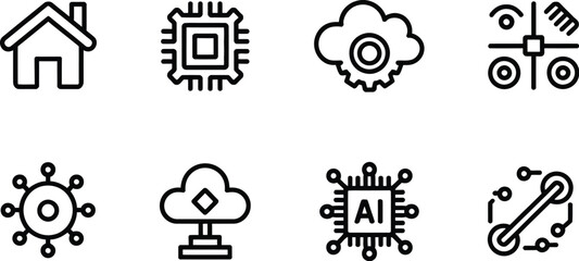 Illustration of eight distinct black and white technology related line icons set