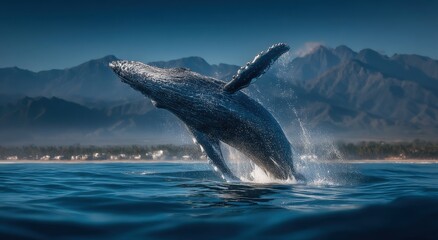 Poster - Humpback Whale Breaching Ocean Surface Against Mountain Backdrop, Symbolizing Marine Conservation and Ecotourism Adventure : Generative AI
