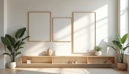 Poster - Modern living room featuring empty mock-up poster frames on white wall. Wooden shelf with decor, plants, and sun light. Scandinavian style home decor, blank space, copy space.