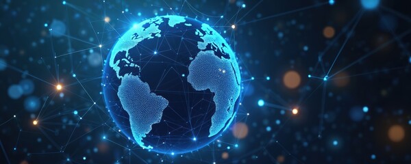 Poster - Abstract futuristic blue tech globe with network connection. Digital planet earth, lines dots connect together, representing global communication, data transfer, internet, cyberspace, metaverse,