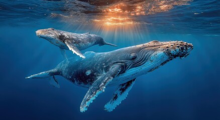 Aufkleber - Humpback Whales Swimming Underwater in Sunlight, Representing Marine Conservation and Ocean Exploration, Ideal for Nature Tourism and Environmental Awareness Campaigns : Generative AI