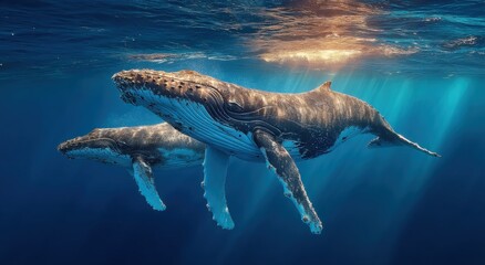 Poster - Two Humpback Whales Swimming Gracefully Underwater in Sunlight, Illustrating Ocean Conservation and Marine Life Education : Generative AI