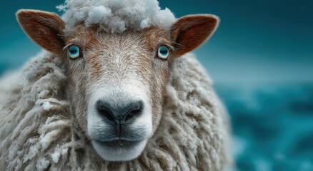 Poster - Close-Up of Sheep Face with Blue Eyes and Snow, Symbolizing Winter Season and Animal Welfare : Generative AI