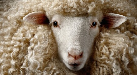 Poster - Close-Up of a Sheep's Face With Soft Wool, Symbolizing Purity and Agricultural Sustainability, Perfect for Farm-to-Table Marketing Campaigns : Generative AI