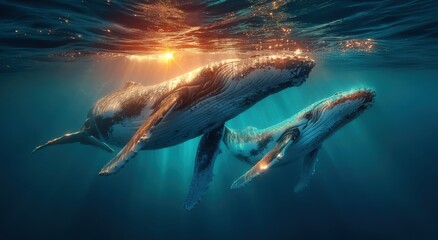 Poster - Two Humpback Whales Swimming Underwater in Sunlight, Depicting Marine Conservation and Ocean Exploration : Generative AI