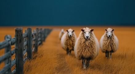 Poster - Flock of Sheep Walking in a Golden Field Under a Dark Blue Sky, Representing Rural Tranquility and Agricultural Sustainability for Farm Marketing : Generative AI